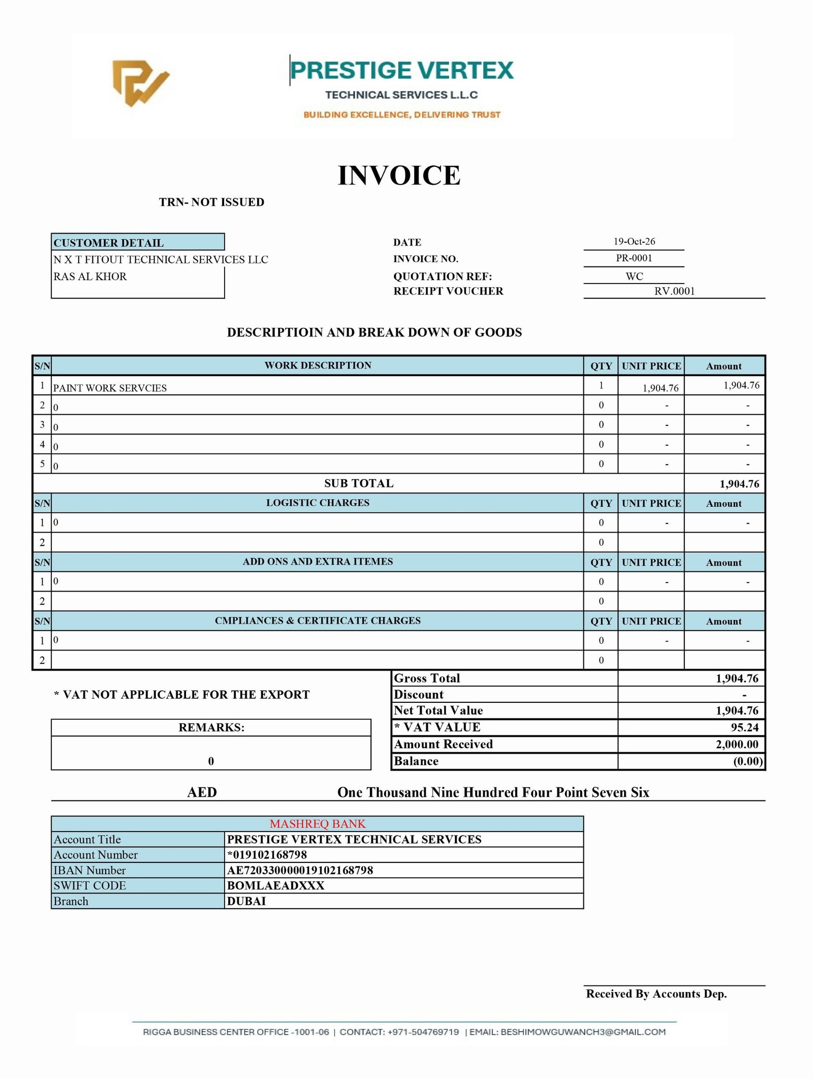 Prestige Vertex invoice PR-0001 for paint work services
